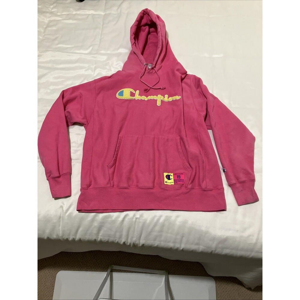 Champion REVERSE WEAVE 3D Spell Out Pink Yellow Hoodie Sweatshirt Fleece XL